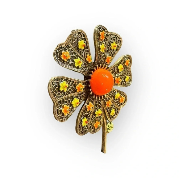 Signed ART Gold Multicolored Enamel Flower Brooch - Picture 3 of 9